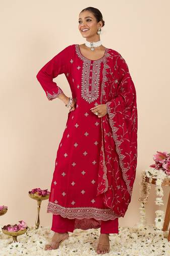 Pink embroidered silk blend kurta trouser dupatta set