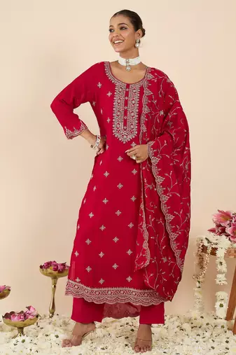 Pink embroidered silk blend kurta trouser dupatta set