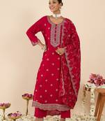 Pink embroidered silk blend kurta trouser dupatta set