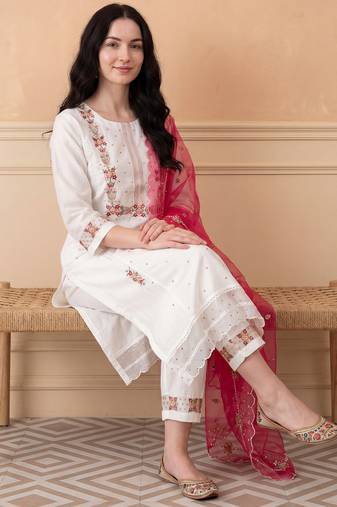 White embroidered silk blend kurta trouser dupatta set