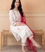 White embroidered silk blend kurta trouser dupatta set