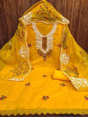 floral embroidered chanderi cotton unstitched dress material 2