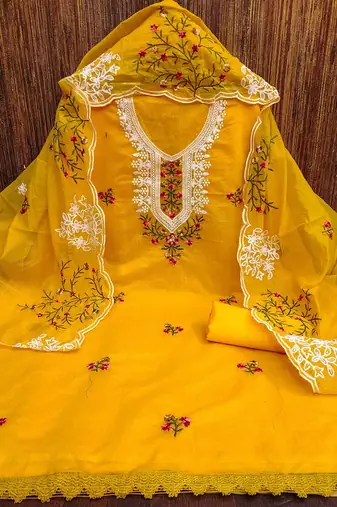floral embroidered chanderi cotton unstitched dress material