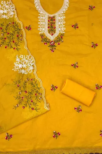 floral embroidered chanderi cotton unstitched dress material