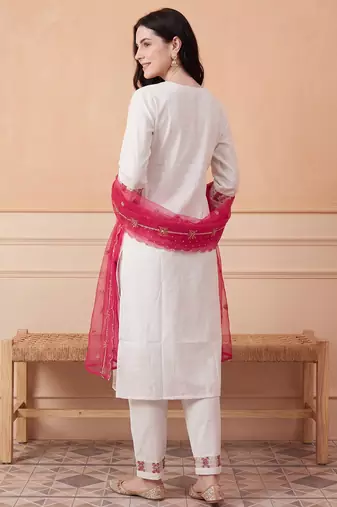White embroidered silk blend kurta trouser dupatta set
