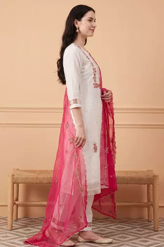 White embroidered silk blend kurta trouser dupatta set