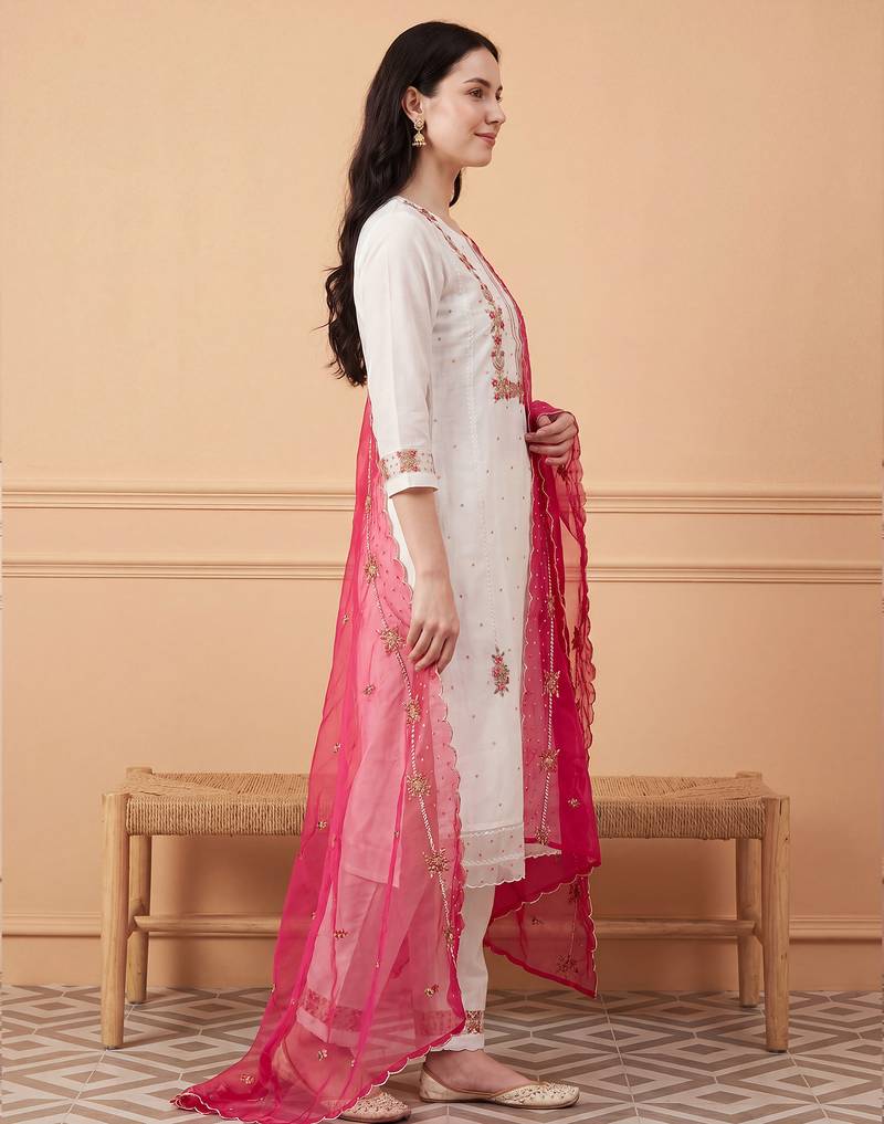White embroidered silk blend kurta trouser dupatta set