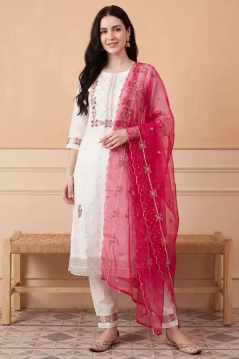 White embroidered silk blend kurta trouser dupatta set