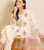 Off white embroidered silk blend kurta trouser dupatta set