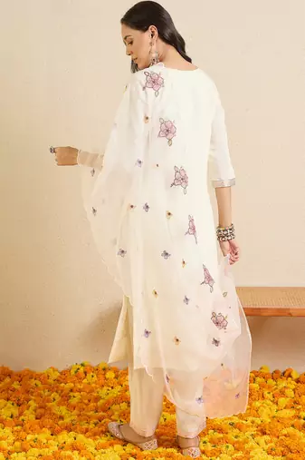 Off white embroidered silk blend kurta trouser dupatta set