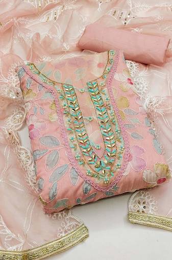 floral embroidered beads and stones organza unstitched dress material