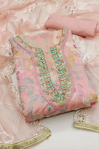 floral embroidered beads and stones organza unstitched dress material