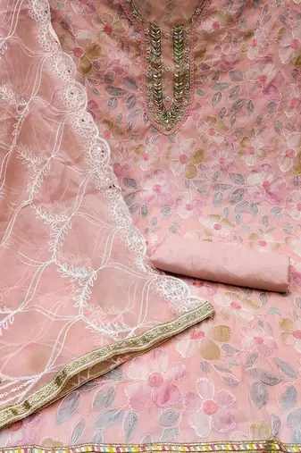 floral embroidered beads and stones organza unstitched dress material