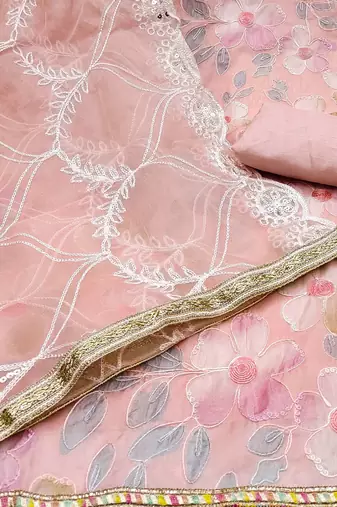 floral embroidered beads and stones organza unstitched dress material