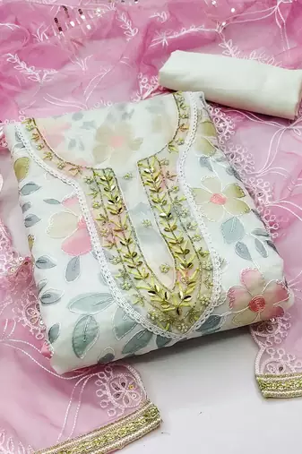floral printed beads & stones organza unstitched dress material