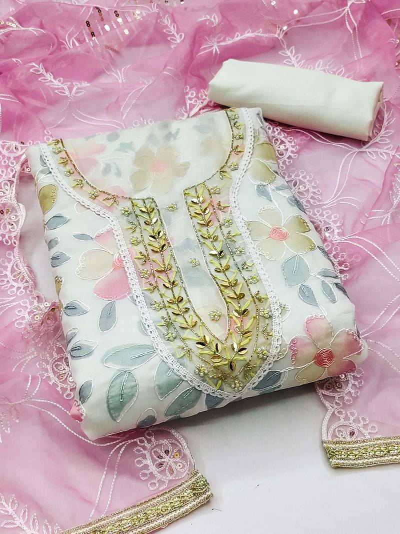 Floral Printed Beads & Stones Organza Unstitched Dress Material