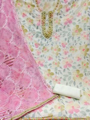 Floral Printed Beads & Stones Organza Unstitched Dress Material 2