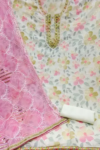 floral printed beads & stones organza unstitched dress material