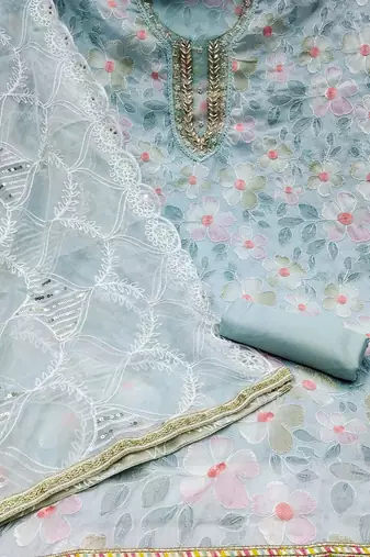 floral embellished organza unstitched dress material