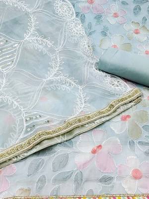 floral embellished organza unstitched dress material 3