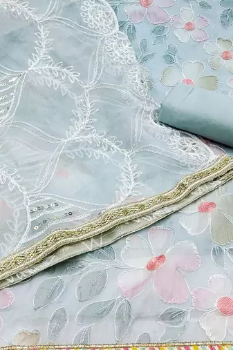 floral embellished organza unstitched dress material
