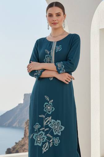 Navy blue embroidered silk blend kurta trouser dupatta set