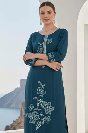 Navy blue embroidered silk blend kurta trouser dupatta set