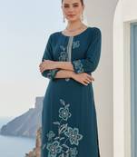 Navy blue embroidered silk blend kurta trouser dupatta set