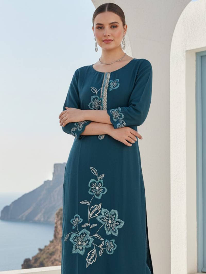 Navy blue embroidered silk blend kurta trouser dupatta set