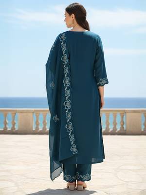 Navy blue embroidered silk blend kurta trouser dupatta set 2