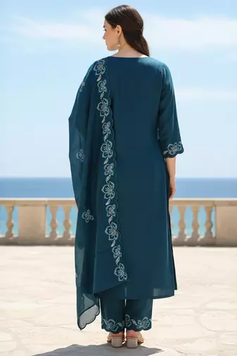 Navy blue embroidered silk blend kurta trouser dupatta set