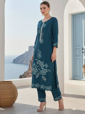 Navy blue embroidered silk blend kurta trouser dupatta set 3