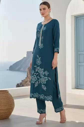 Navy blue embroidered silk blend kurta trouser dupatta set