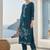Navy blue embroidered silk blend kurta trouser dupatta set