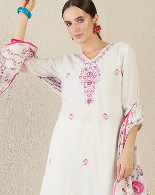 White embroidered pure cotton kurta trouser dupatta set 1
