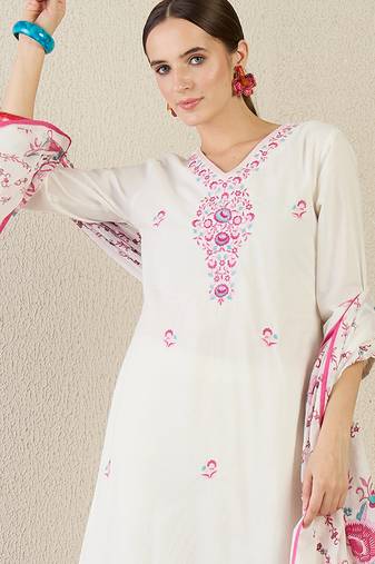 White embroidered pure cotton kurta trouser dupatta set