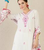 White embroidered pure cotton kurta trouser dupatta set