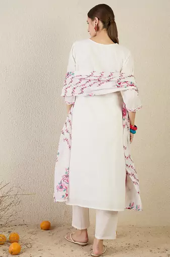 White embroidered pure cotton kurta trouser dupatta set