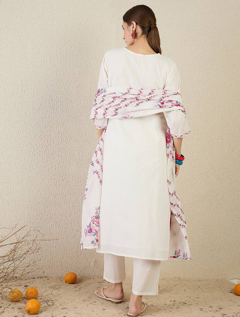 White embroidered pure cotton kurta trouser dupatta set