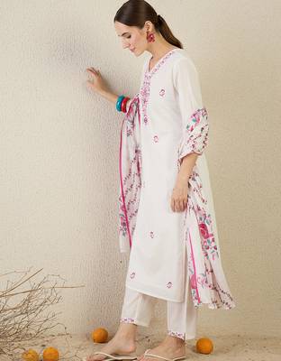 White embroidered pure cotton kurta trouser dupatta set 3
