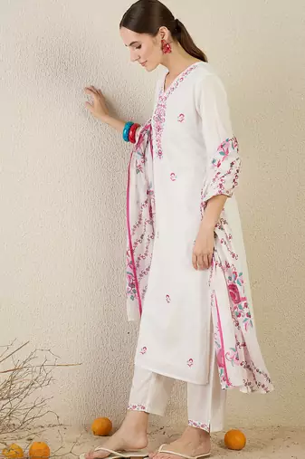 White embroidered pure cotton kurta trouser dupatta set