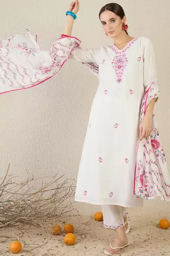 White embroidered pure cotton kurta trouser dupatta set