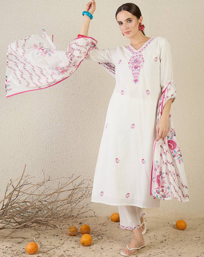 White embroidered pure cotton kurta trouser dupatta set