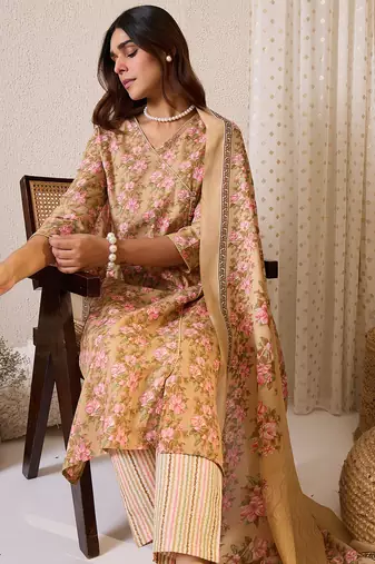 Beige printed pure cotton kurta trouser dupatta set