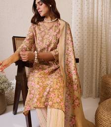 Beige printed pure cotton kurta trouser dupatta set