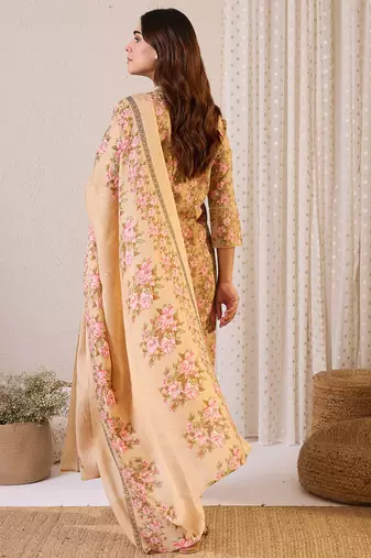 Beige printed pure cotton kurta trouser dupatta set
