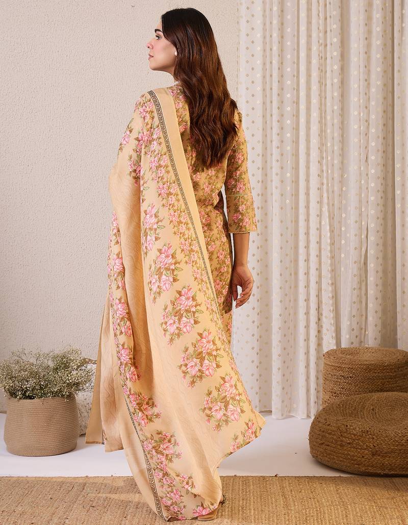 Beige printed pure cotton kurta trouser dupatta set