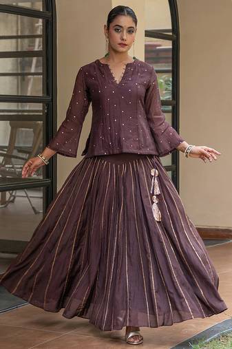 Brown chanderi embroidered top and skirt set