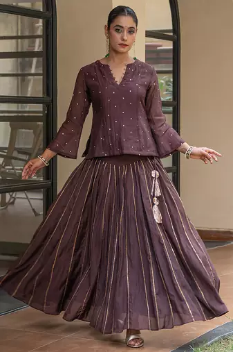 Brown chanderi embroidered top and skirt set