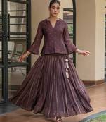 Brown chanderi embroidered top and skirt set